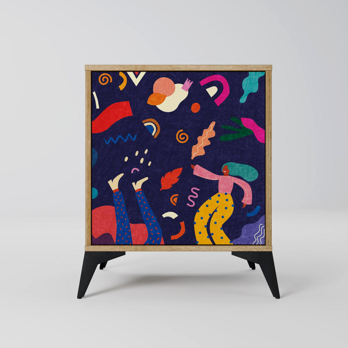 SIDEBOARD FESTIVE PLEASURES, Eichefarben, 57,5x42x70,5 cm, Schwarze Metall-Sternfüße - Eichefarben/Multicolor, Holzwerkstoff/Metall (57.5/70.5/42cm) - SpaceRebels