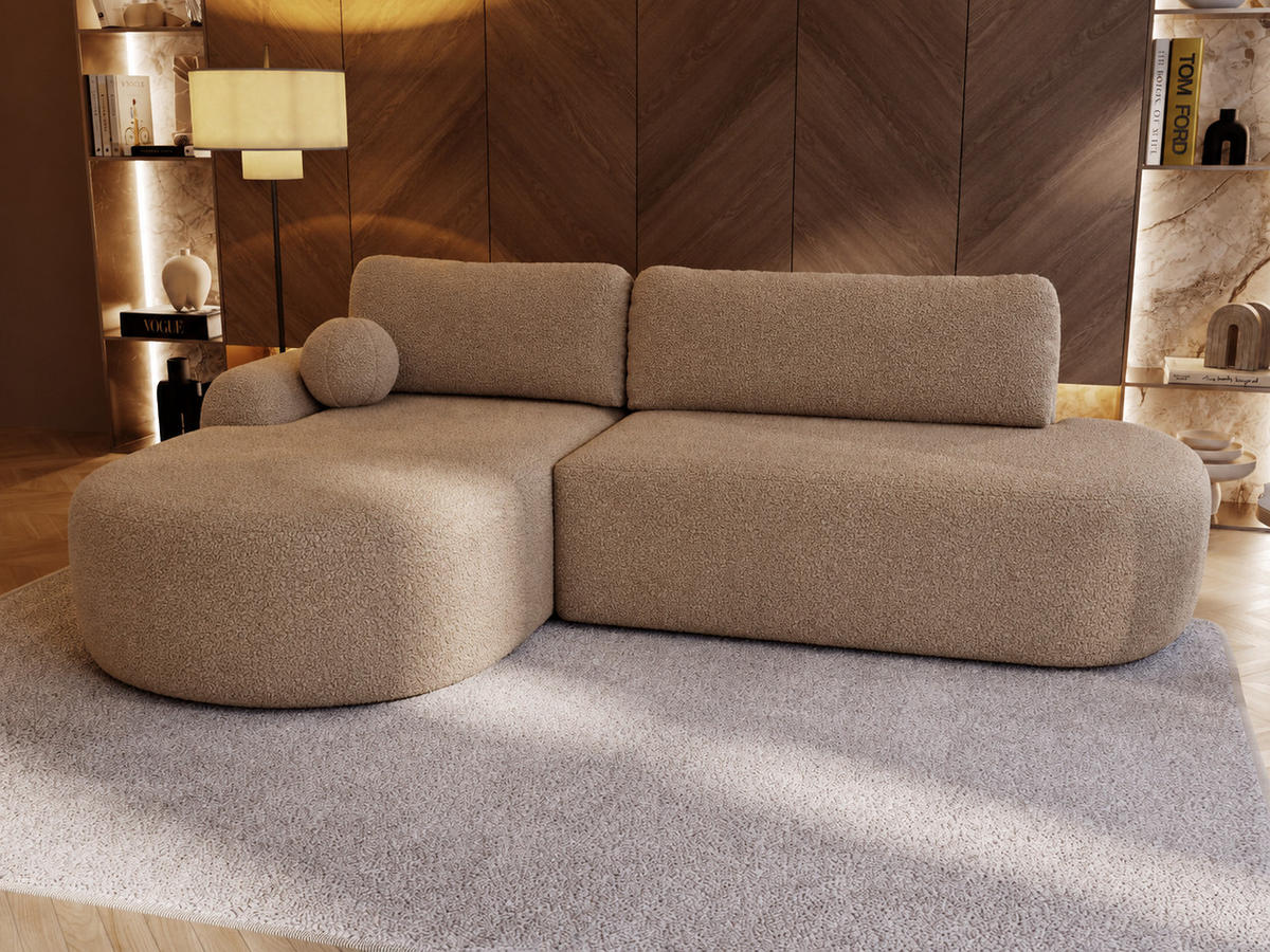 ECKSOFA Aurio O Bouclé-Stoff Hellbraun Links - Hellbraun, Holz/Textil (271/177cm) - Graingold
