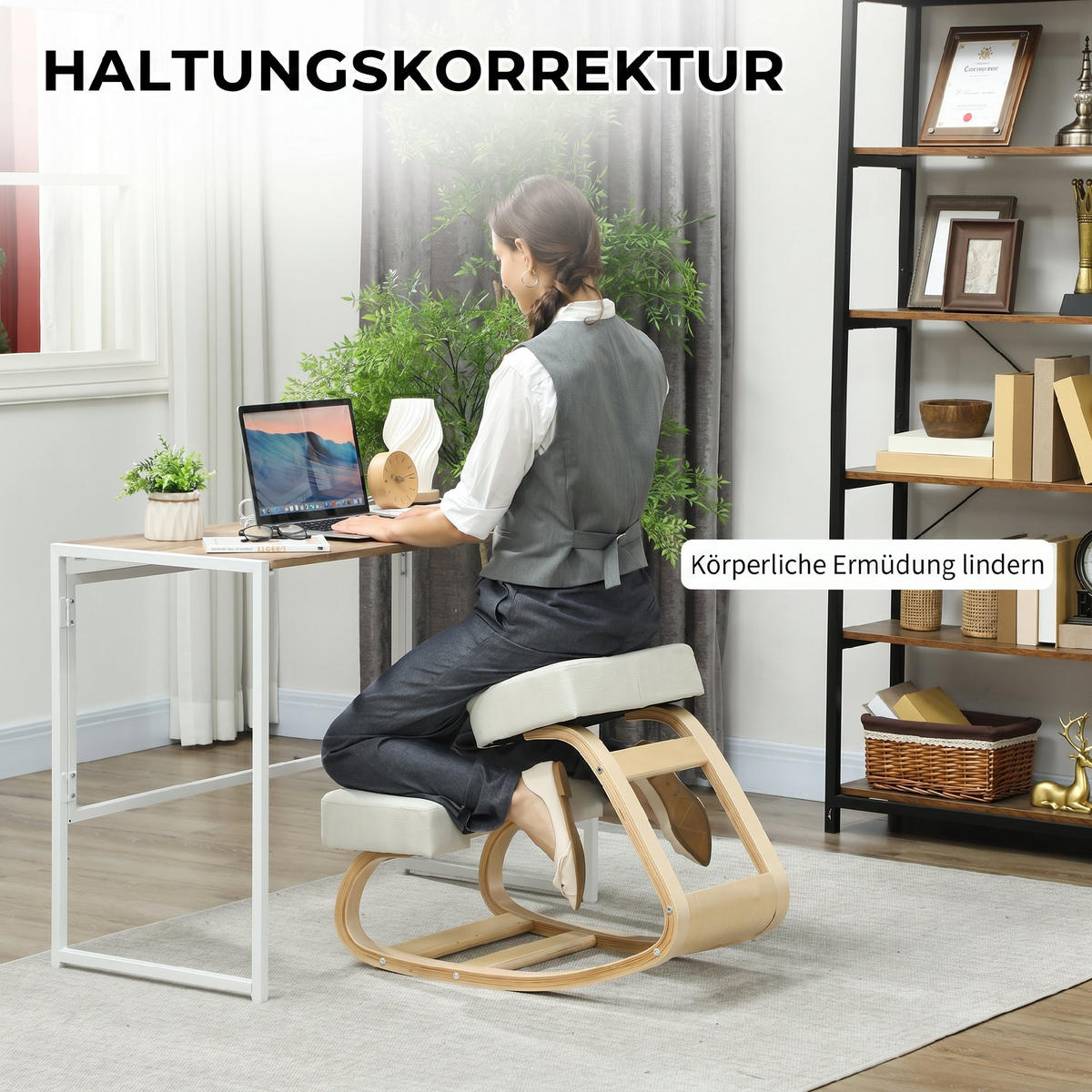 KNIESTUHL Birke Polyester Cremeweiß - Creme, Holz (51/58/69cm) - Vinsetto