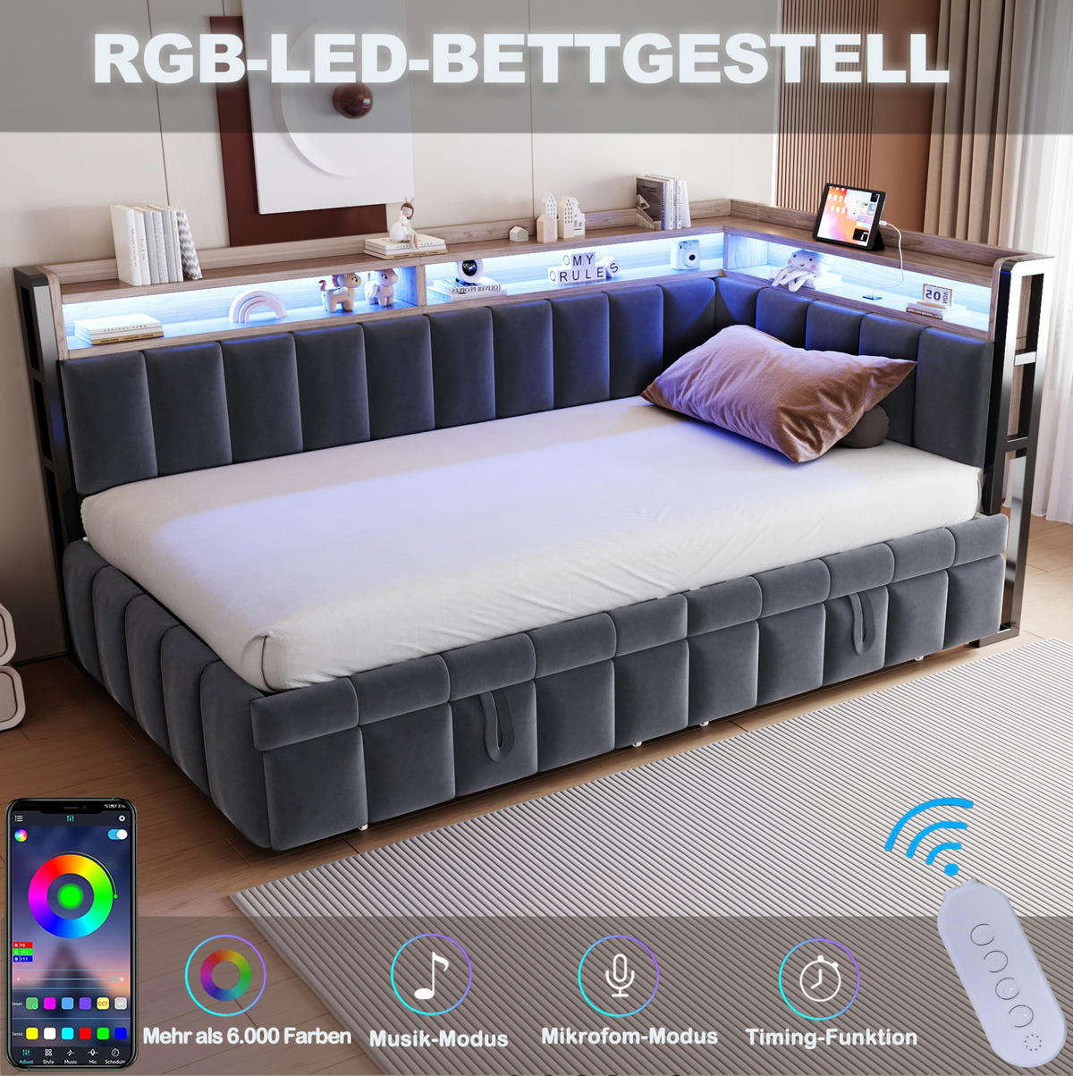 POLSTERBETT Schlafsofa aus Samt 90x200 cm Grau mit Ausziehbett, LED-Beleuchtung, USB- und Typ-C-Anschlüssen - Grau, Textil (90/200cm) - Modfu