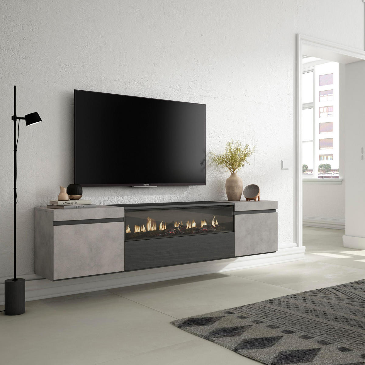 TV-SCHRANK zementgrau, mit Elektrokamin, Hängend, 200/35/45cm - Hellgrau, Holzwerkstoff (200/45/35cm) - Skraut Home