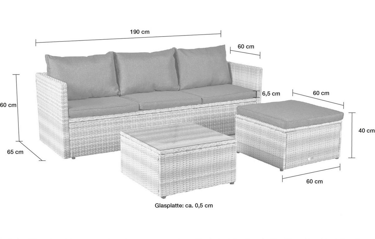 LOUNGESET Manila, Polyrattan, Weiß-Grau - Grau, Kunststoff/Metall - dasmöbelwerk