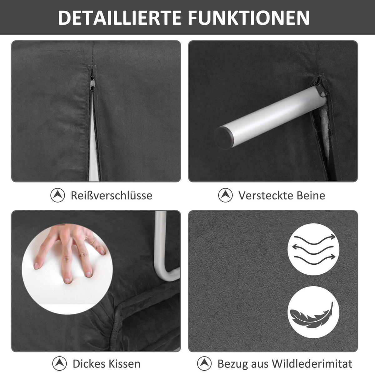 DOPPELSOFA Schlafsessel Armlehne Klappbett Gästebett Chaiselongue 3-in-1 Grau - Silberfarben/Grau, Textil/Metall (80/78/111cm) - HOMCOM