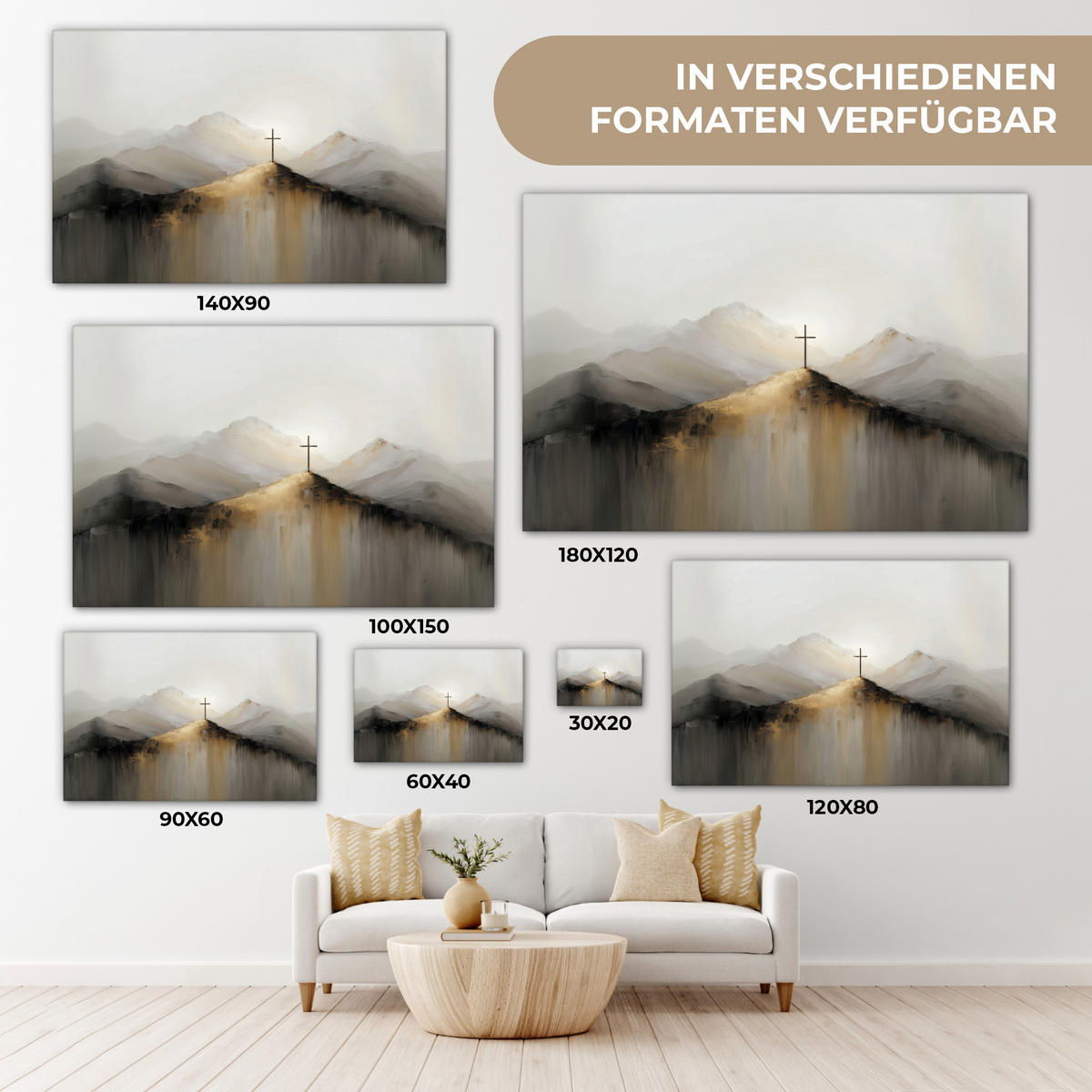 LEINWANDBILD Hügel - Abstrakt - Kreuz - Christentum Gemälde 60x40 cm - Beige, Textil (60/40cm) - MuchoWow