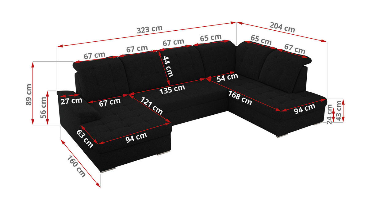 WOHNLANDSCHAFT MADRITO U - Schwarz Boucle - Rechts - Silberfarben/Schwarz, Textil/Metall (323/89/204cm) - MKS