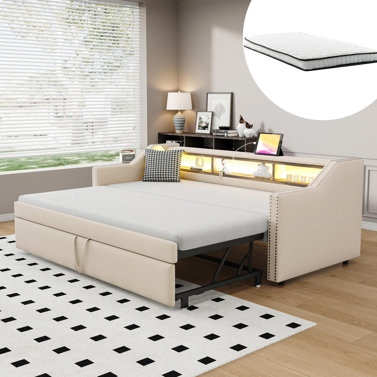 MULTIFUNKTIONSBETT 90/190 cm und 180/190 cm Beige mit Stauraum LED und USB-Anschluss mit Lattenrost Mit Matratze - Beige, Textil (90/190cm) - OKWISH