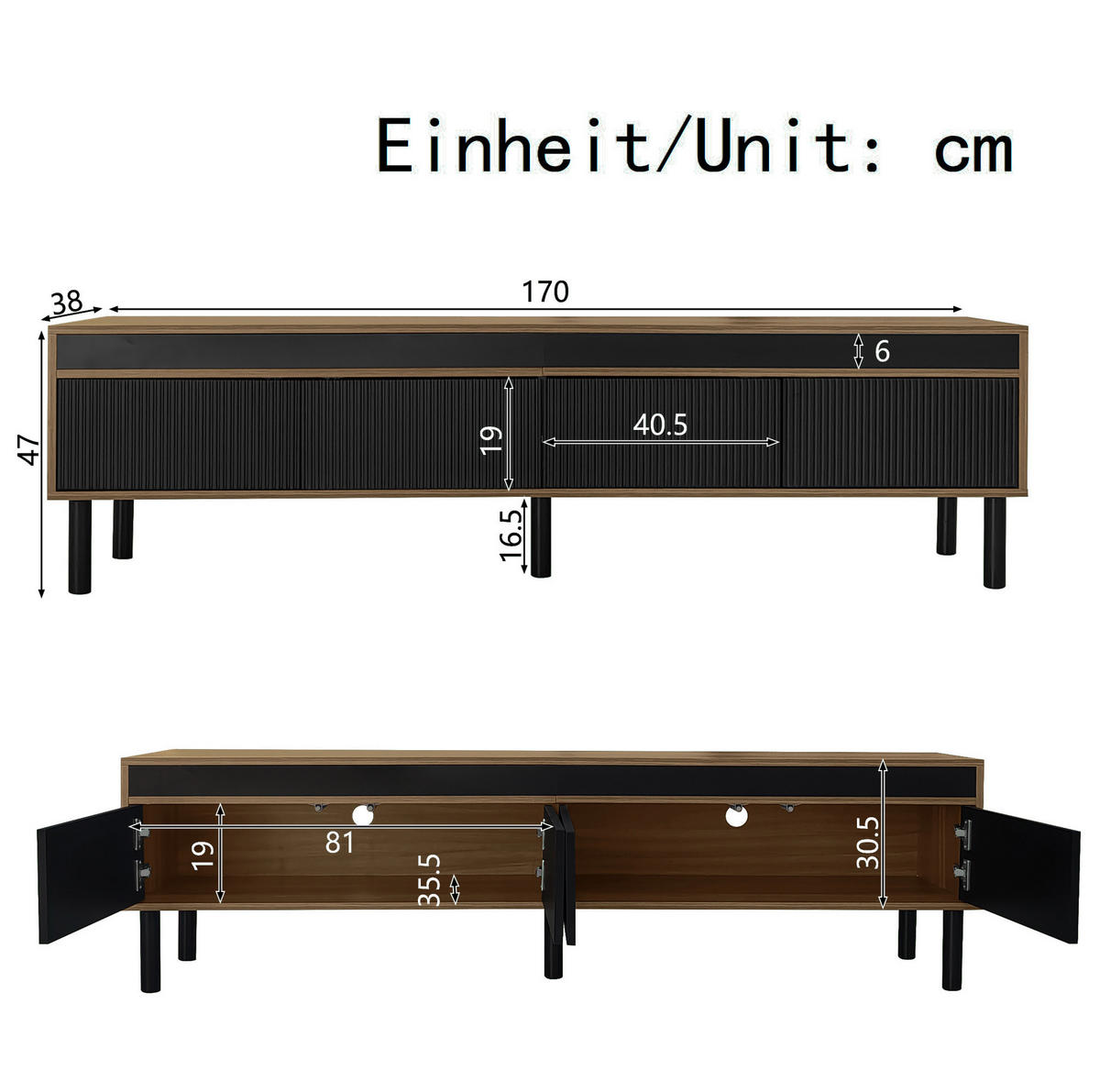 TV-SCHRANK mit 4 Türen 170 x 38 x 47,7 cm Schwarz/Natur - Schwarz, Holzwerkstoff (38/47/170cm) - Beauniv