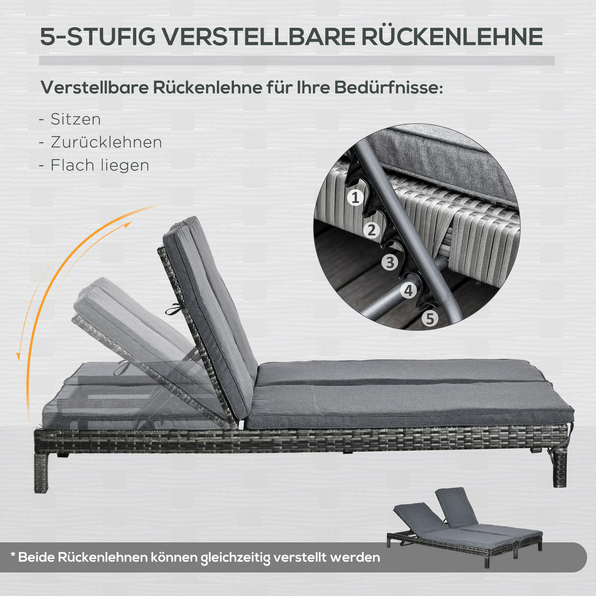 DOPPELLIEGE, Metall, PE, Rattan, Grau - Grau, Metall (120/28/196cm) - Outsunny