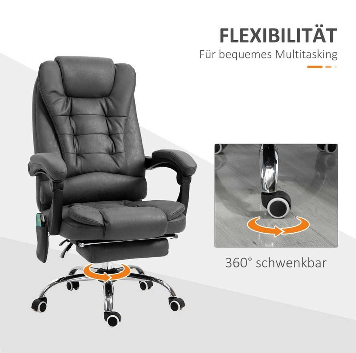 BÜROSTUHL in Dunkelgrau 70x65x119 cm mit Massage- und Heizfunktion sowie Fußstütze - Dunkelgrau, Textil (65/119/70cm) - IVMEU