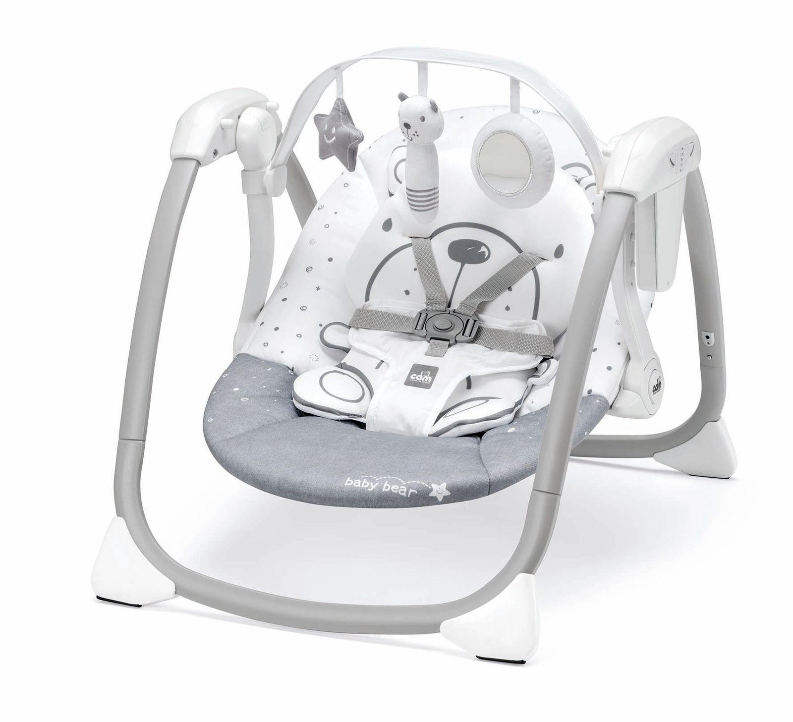 SCHAUKEL Wippe für Babys mit Spielzeugstange Midi | für 0-9 kg | Grau | 15 Melodien, 5 Naturgeräusche - Grau, Kunststoff (74/60/4cm) - Cam il Mondo del Bambino S.p.A.