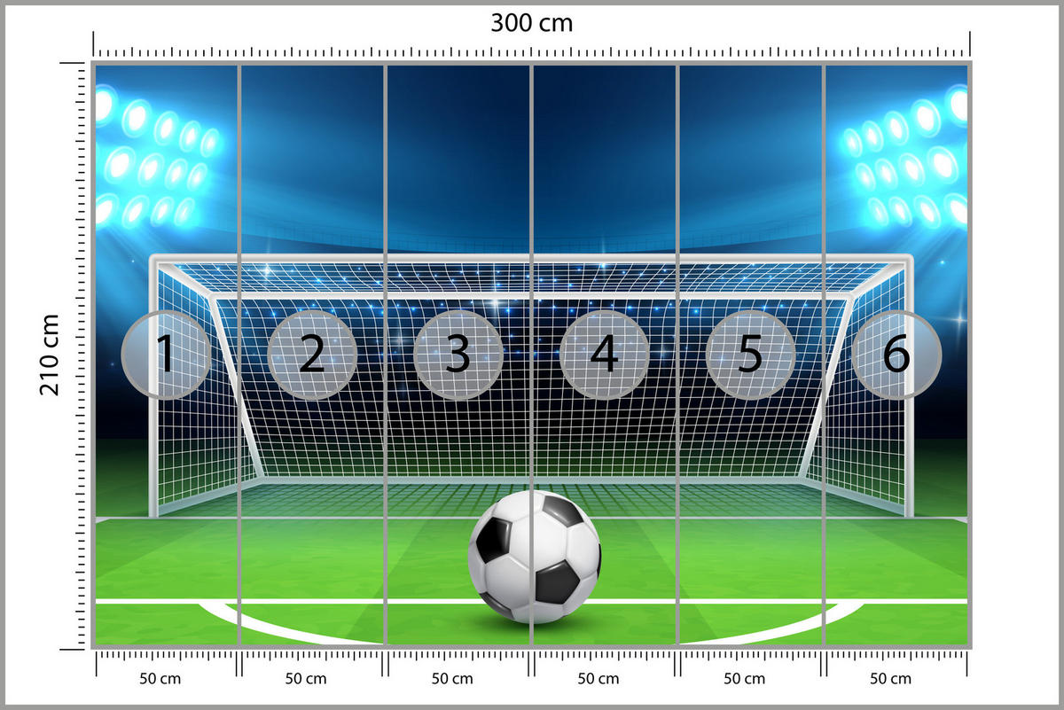 FOTOTAPETE für Jugendzimmer Elfmeter Schuss Linie Fußball 300x210 - Blau/Schwarz, Papier (300/210cm) - Muralo