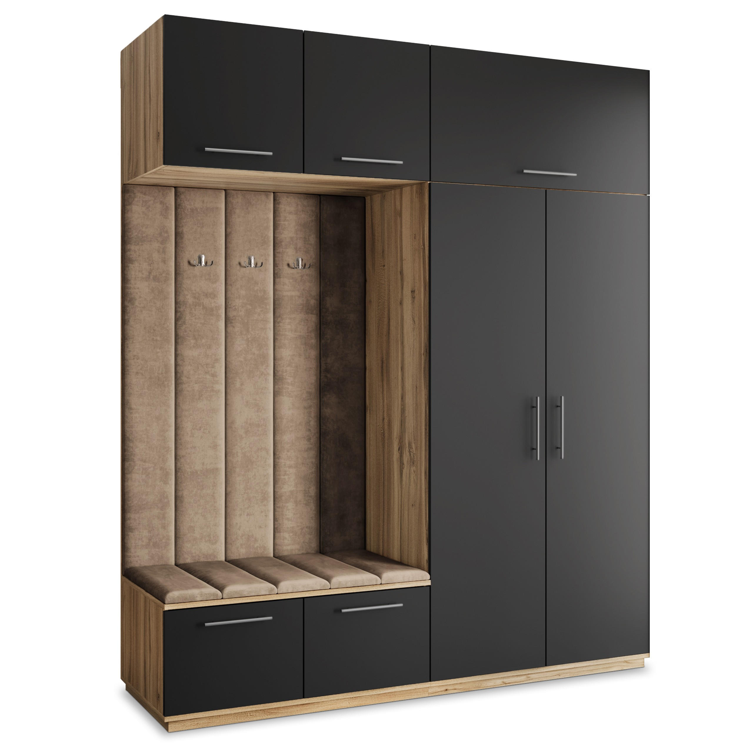 Masseno Garderobenschrank Eiche Wotan, Schwarz, Mokka 200x240x60 cm