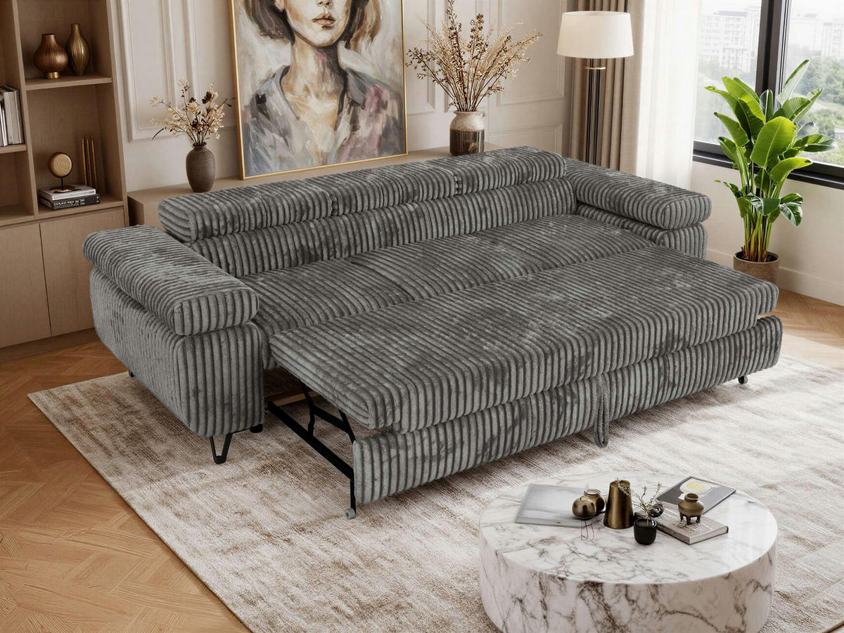 TŘÍMÍSTNÁ POHOVKA PETER 3 s rozkládací funkcí - Šedá Manšestr - šedá/černá, kov/textil (262/76/99cm) - MKS