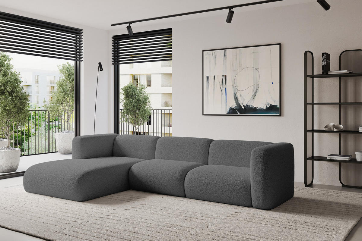 ECKSOFA Ottomane Links MIRA-L1 227x179x89 Grau Bouclé - Platinfarben/Schwarz, Holzwerkstoff/Kunststoff (227/179cm) - ALTDECOR