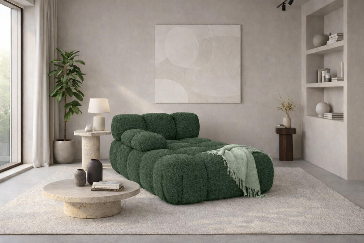 CHAISELONGUE Modular, Bouclé-Stoff Abriamo, Dunkelgrün, Links, Selia - Dunkelgrün, Holz (95/70/160cm) - Kaiser Möbel