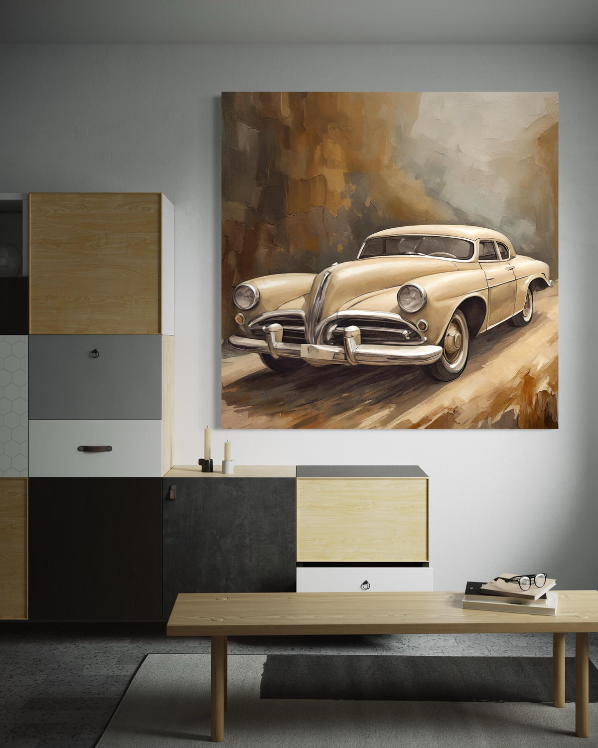 WANDBILD auto retro vintage - Beige, Textil (50/50cm) - Feeby