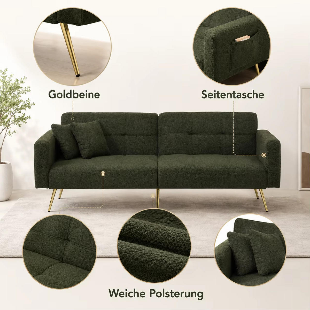 SCHLAFSOFA 2-Sitzer Sherpa, Verstellbare Rückenlehne mit Bettfunktion, Antikgrün - Dunkelgrün, Textil (175/72/64cm) - Kaket
