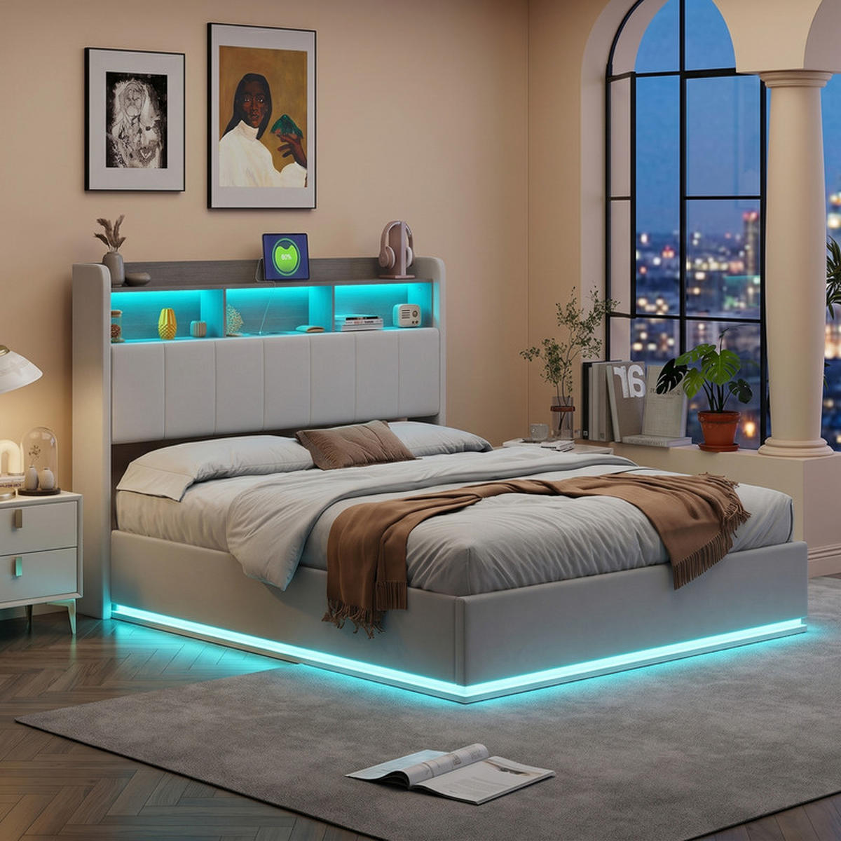 ČALÚNENÁ posteľ 140/200 cm béžová s úložným priestorom a RGB LED osvetlením - béžová, drevo - SHOPENTRA