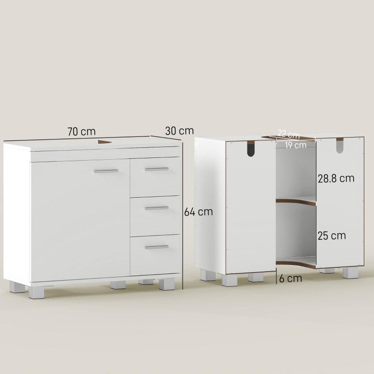WASCHBECKENUNTERSCHRANK mit 2 Regalen und 3 Schubladen 70 cm Weiß - Weiß, Holzwerkstoff (30/64/70cm) - Beauniv