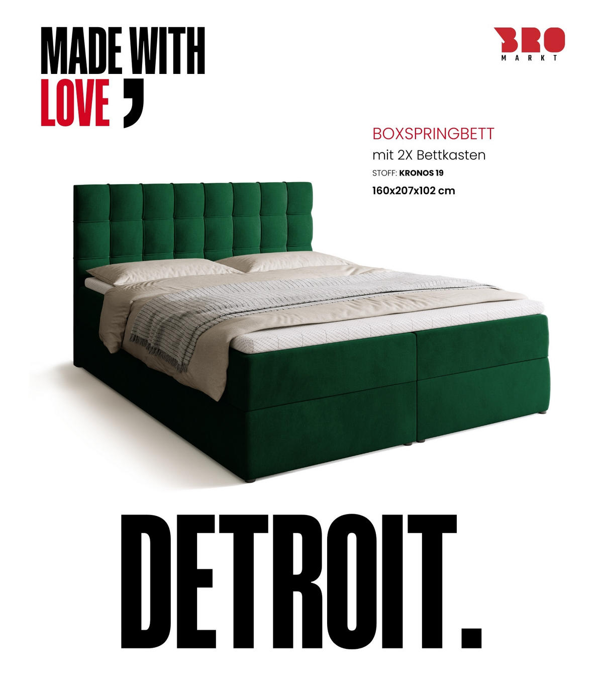 BOXBETT Detroit mit Topper 160/200 Grün - Grün, Holzwerkstoff/Textil (160/200cm) - Bromarkt