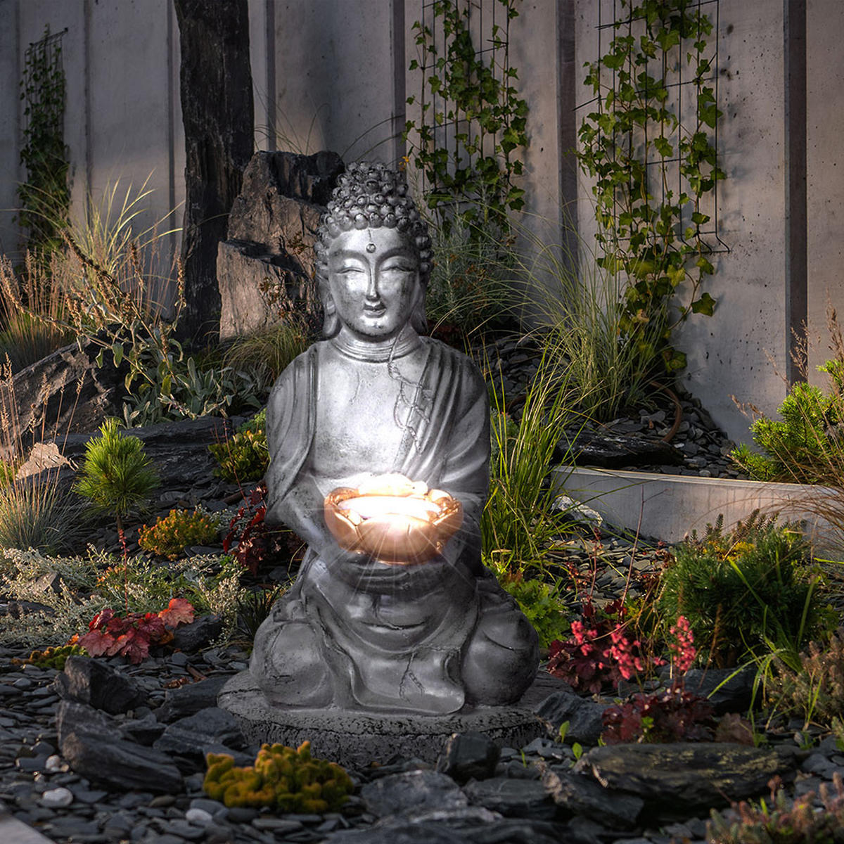 LED AUSSENLEUCHTE Buddha Steinoptik Grau 2er Set - Grau, Kunststoff (18/18/28cm) - Globo Lighting