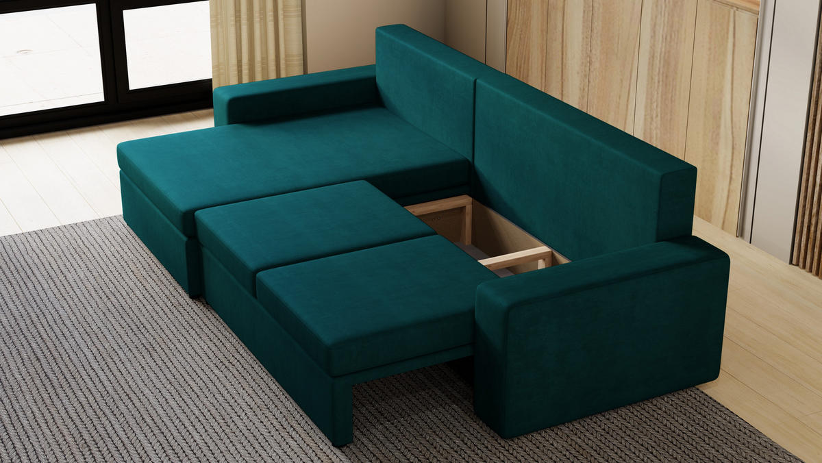 ECKSOFA Paco mit Bettkasten und Schlaffunktion, L-Form/XL-Form, Velourstoff, Universal - Türkis, Holzwerkstoff (276/145cm) - 4ALL HOME