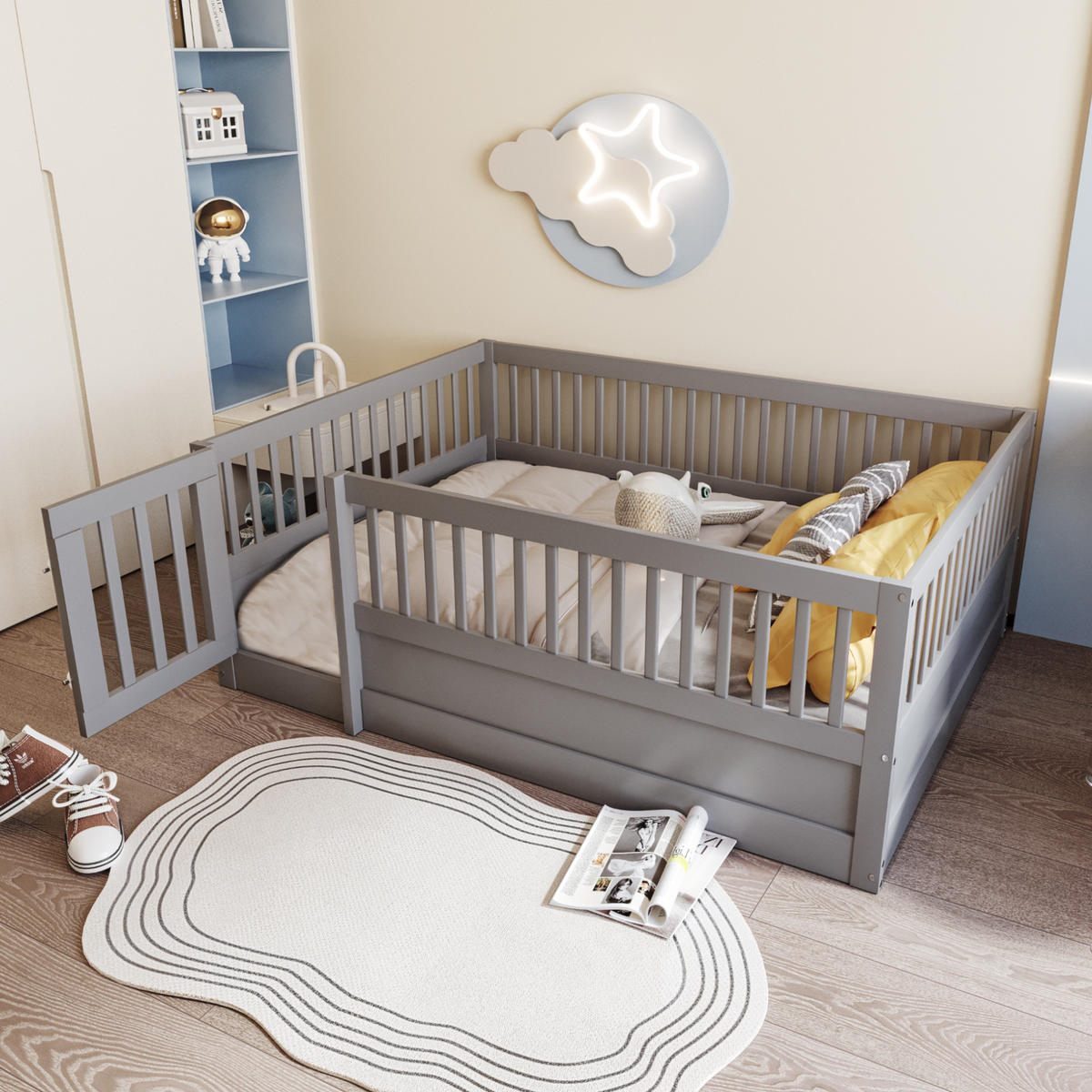 KINDERBETT 140/200 cm Grau aus Kiefernholz mit Zaun und Tür - Grau, Holz (140/200cm) - OKMYHOME