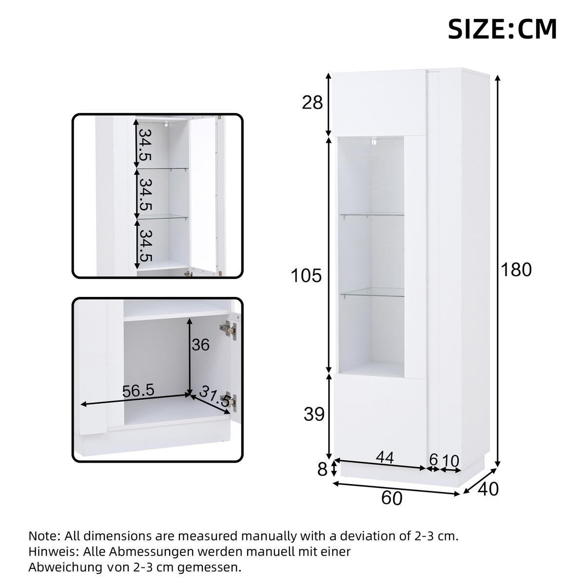 VITRINE 60/40/180 cm mit LED-Beleuchtung, Acrylfront und Hochglanz, Weiß - Weiß, Holzwerkstoff (60/180/40cm) - Redom