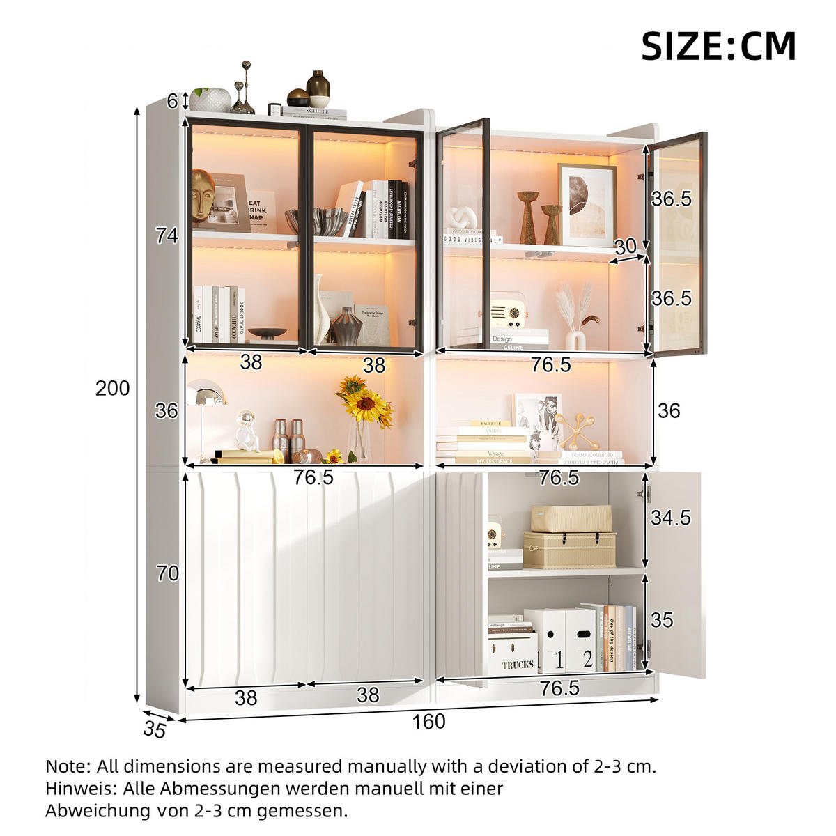 VITRINE 2er-Set 160x35x200 cm Weiß LED Glastüren - Weiß, Holzwerkstoff (160/200/35cm) - FLIEKS