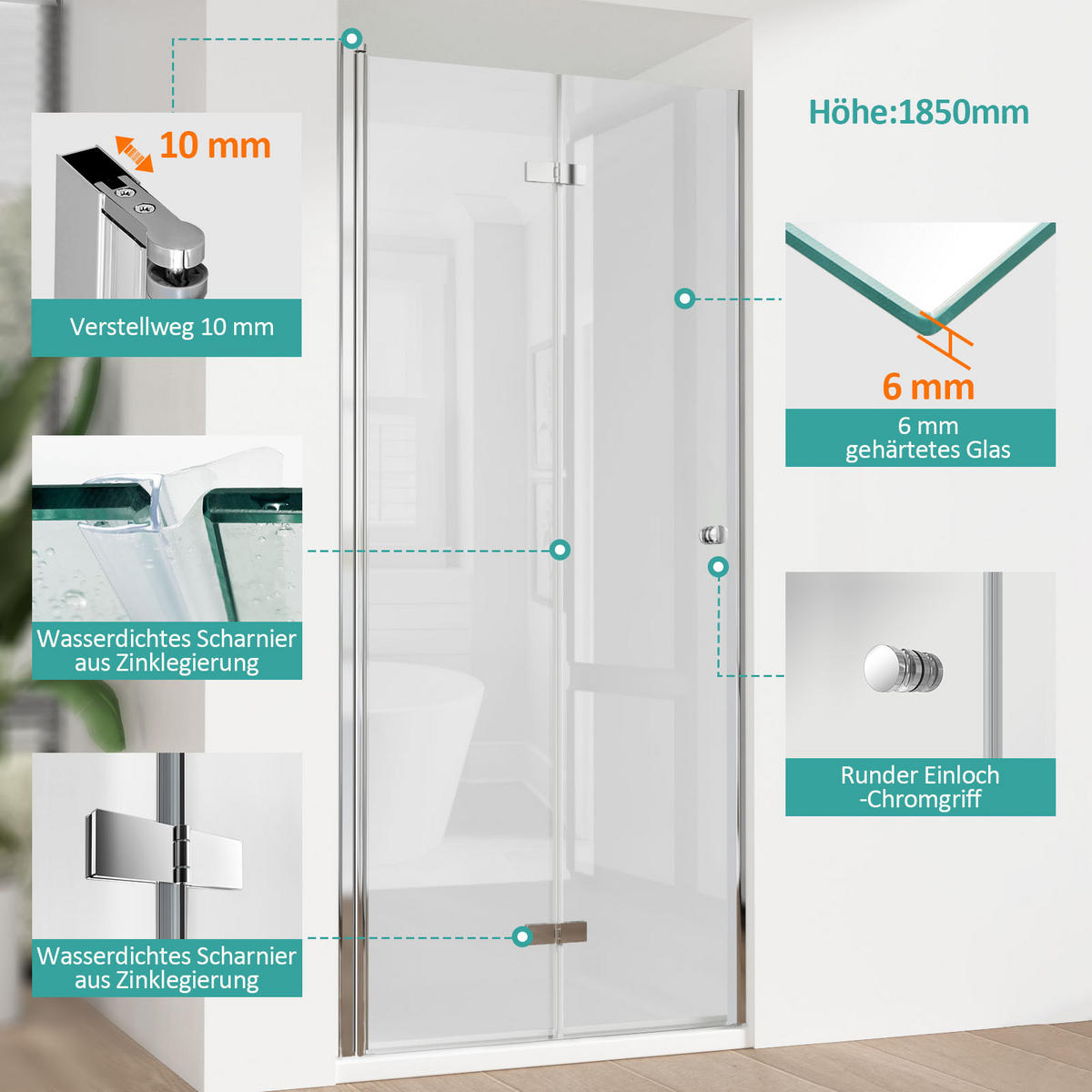 DUSCHTRENNWAND Drehfalttür Chrom 90/185 cm - Chromfarben, Glas (90/185cm) - EMKE