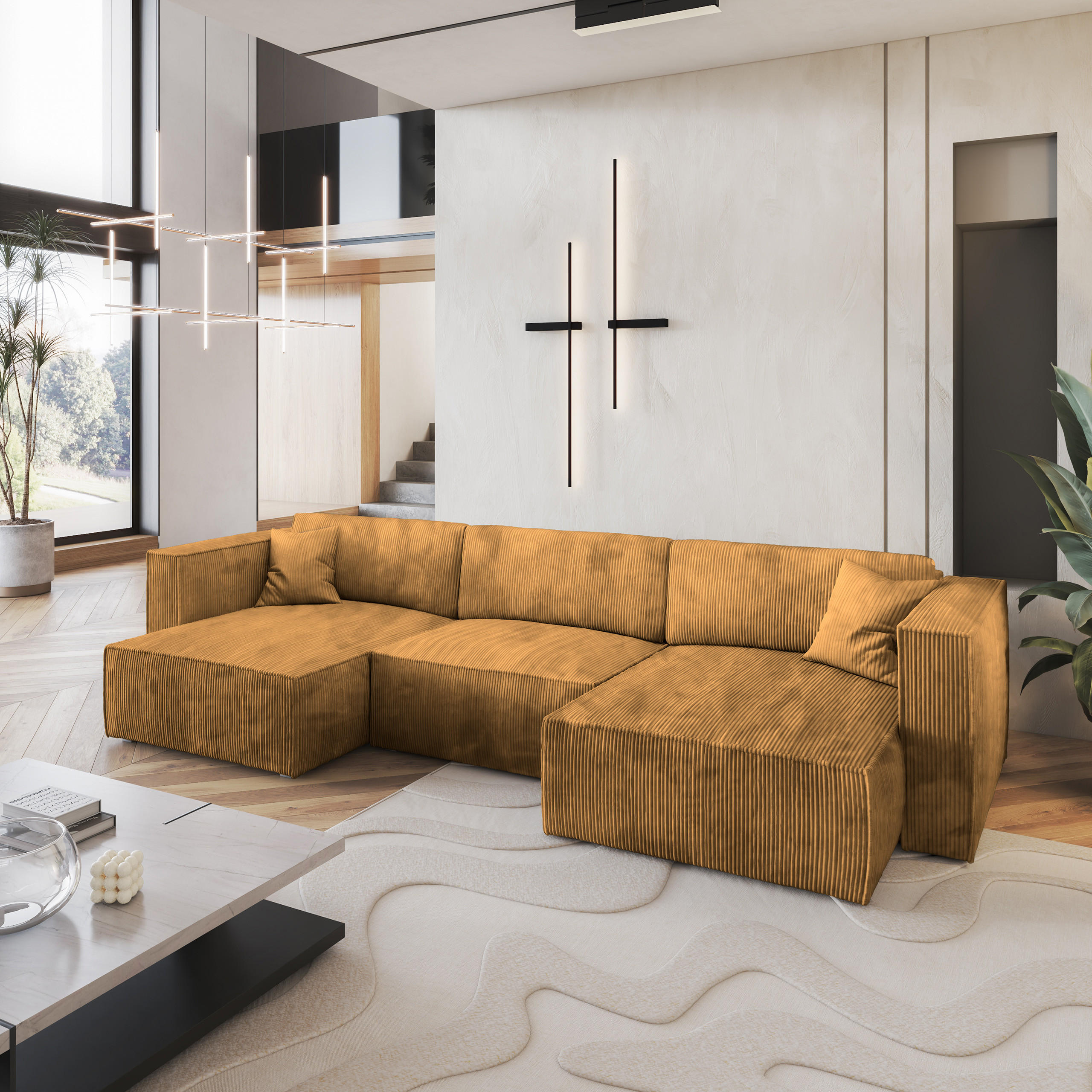 WOHNLANDSCHAFT SARMO P Gelb Kordstoff mit Schlaffunktion - Gelb, Holz (347/70/148cm) - MASSENO