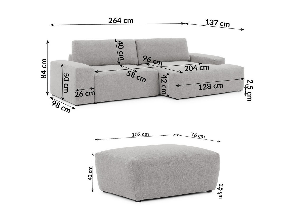 ECKSOFA inkl. Hocker Lennon aus Hellgrau Strukturstoff mit Schlaffunktion und Bettkasten - Hellgrau/Schwarz, Holz/Kunststoff (264/137cm) - S-Style