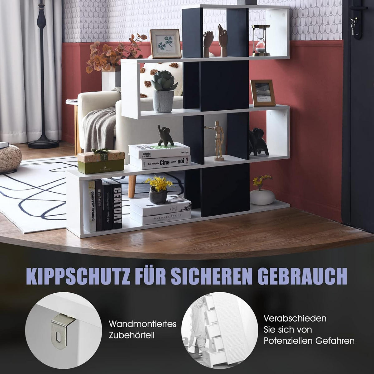 BÜCHERREGAL 5-stöckig Schwarz-Weiß - Schwarz, Holz (20/109/120cm) - COSTWAY