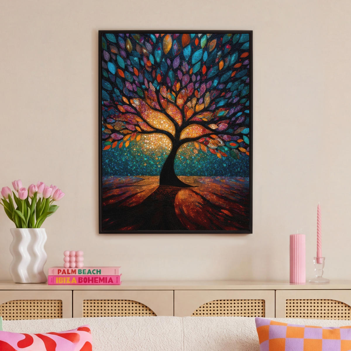 LEINWAND Bilder mit Rahmen - Mosaik - Bunt - Baum - Äste - 70x100 - Multicolor, Textil (70/100cm) - MuchoWow