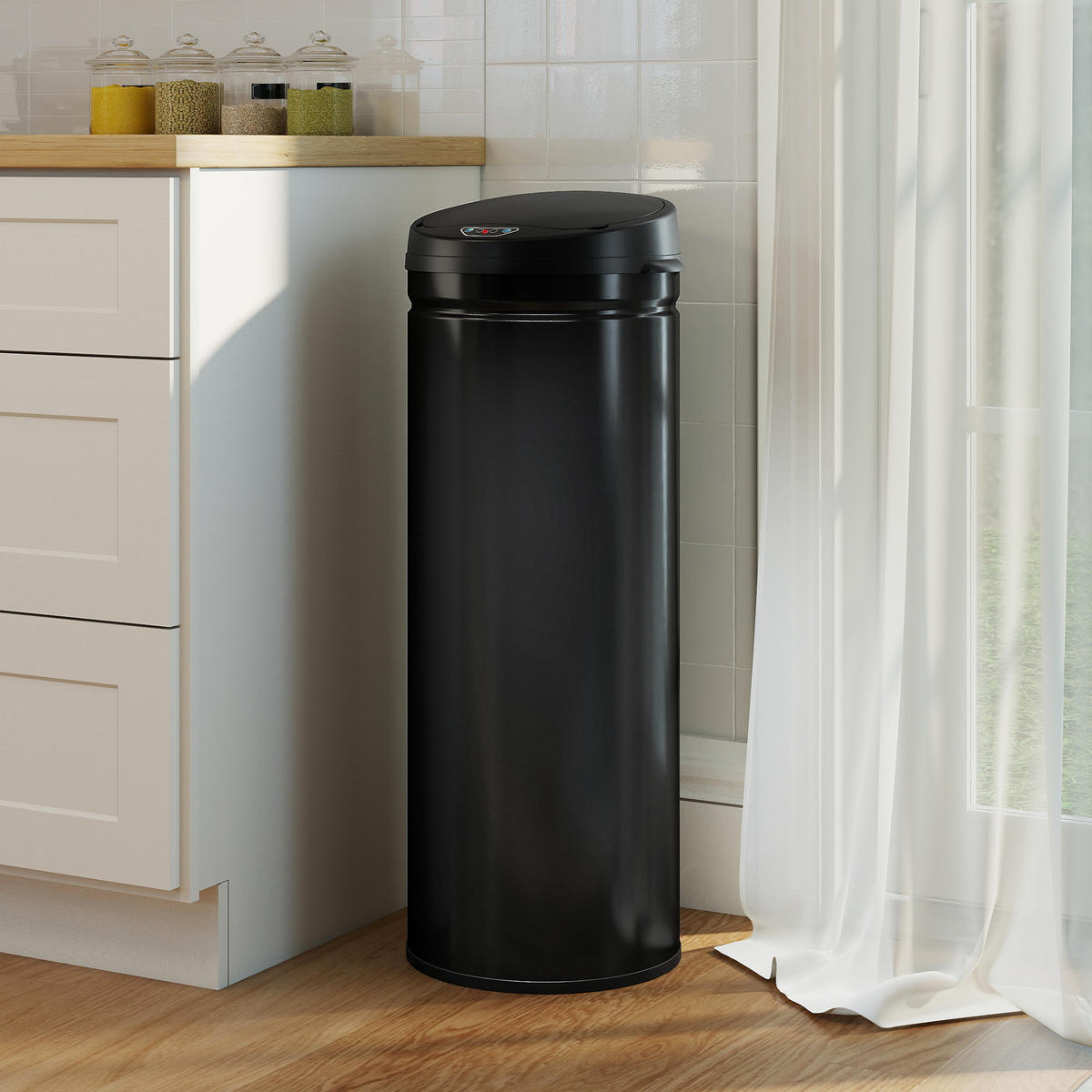 MÜLLEIMER mit Sensor 50L Edelstahl Automatischer Mülleimer mit Soft-Close-Deckel - Schwarz, Metall (30.5/85/30.5cm) - HOMCOM