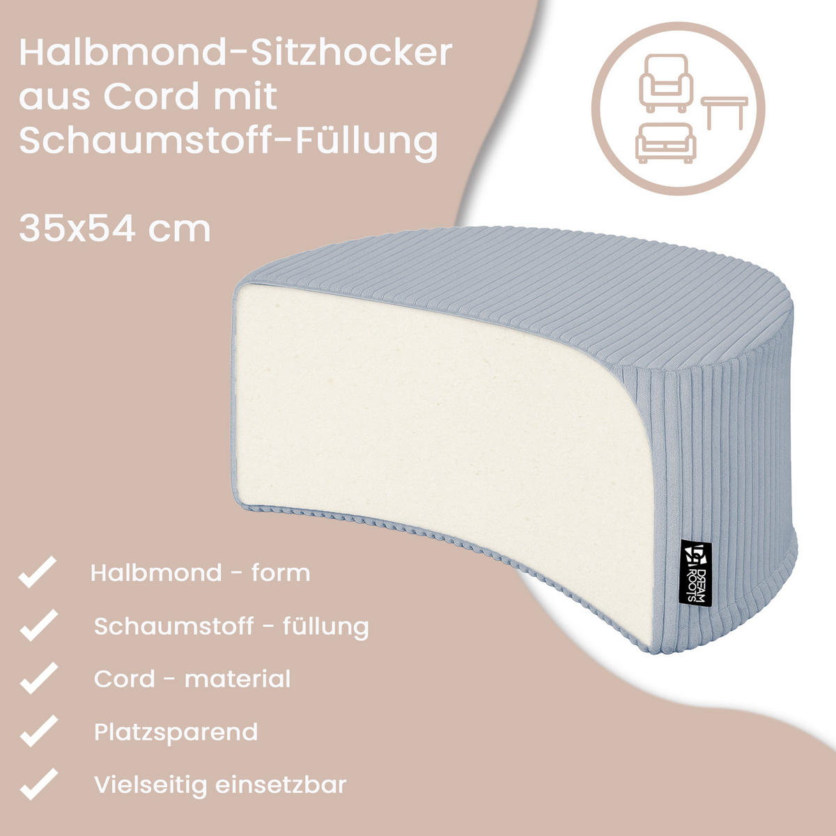 POUF HALBMOND Cord 54/36/35 cm leicht- Silver Pink - Hellrosa, Textil (36/35/54cm) - Dreamroots