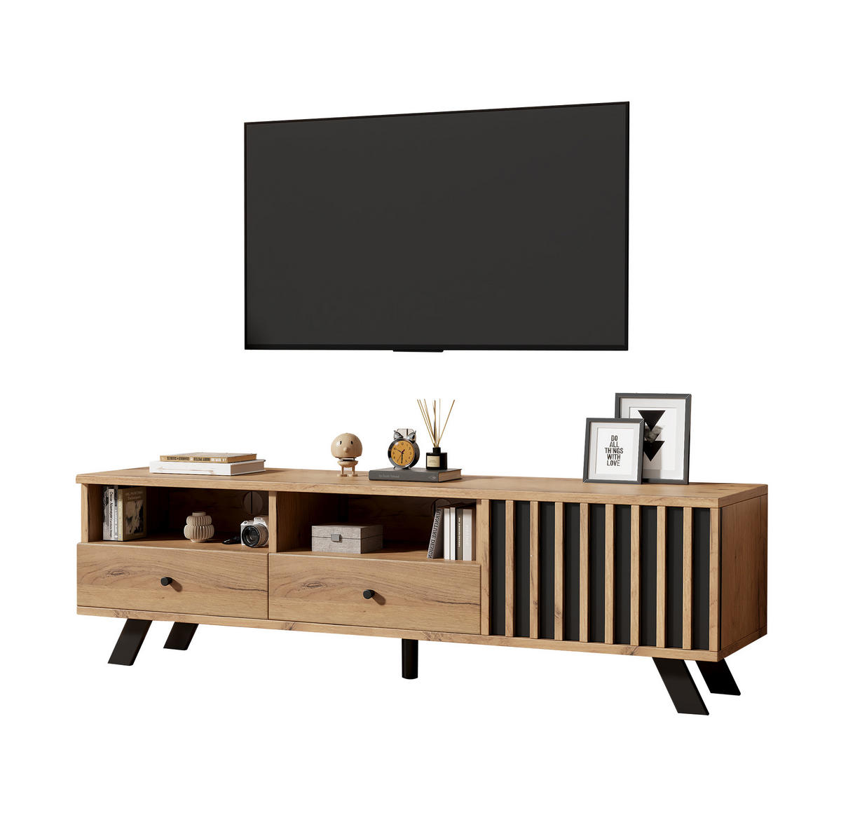 TV-LOWBOARD 150/38/44 cm mit 2 Schubladen und 1 Tür in Naturholz/Schwarz - Naturfarben, Holzwerkstoff (150/44/38cm) - BEAOK