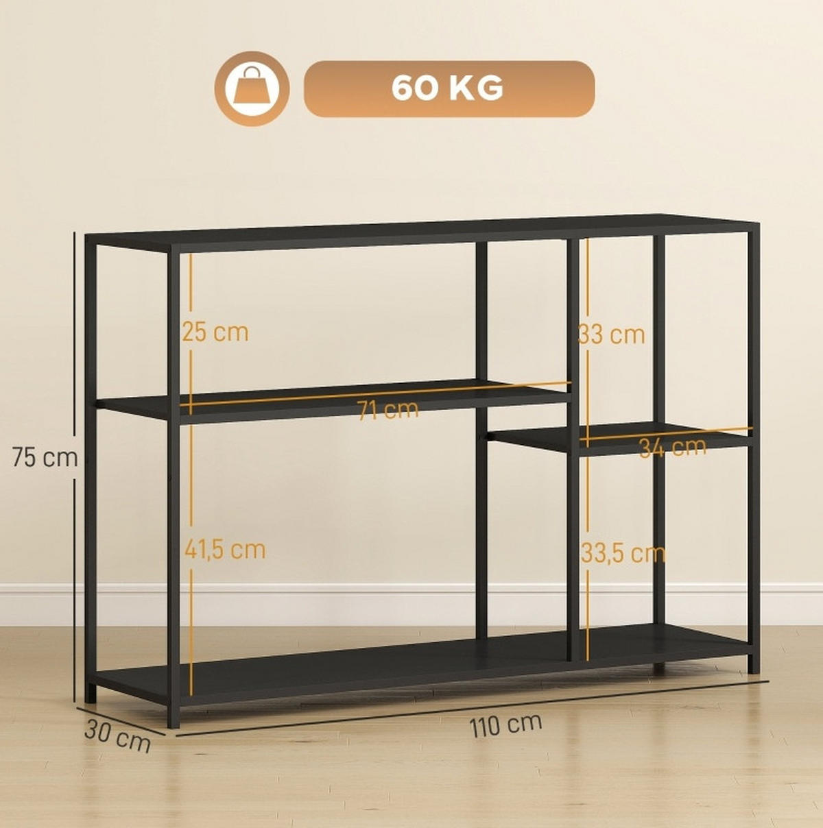 KONSOLENTISCH 110/30/75 cm in Schwarz aus Stahl mit 4 Ablagen - Schwarz, Metall (30/110/75cm) - Flora Grace