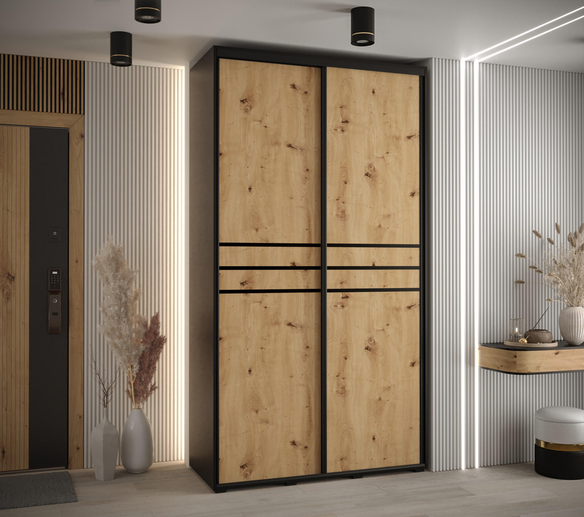 SCHWEBETÜRENSCHRANK 235,2/140/60 2-türig - Schwarz/Eiche Artisan, Holz/Metall (140/235/60cm) - Abiks Möbel
