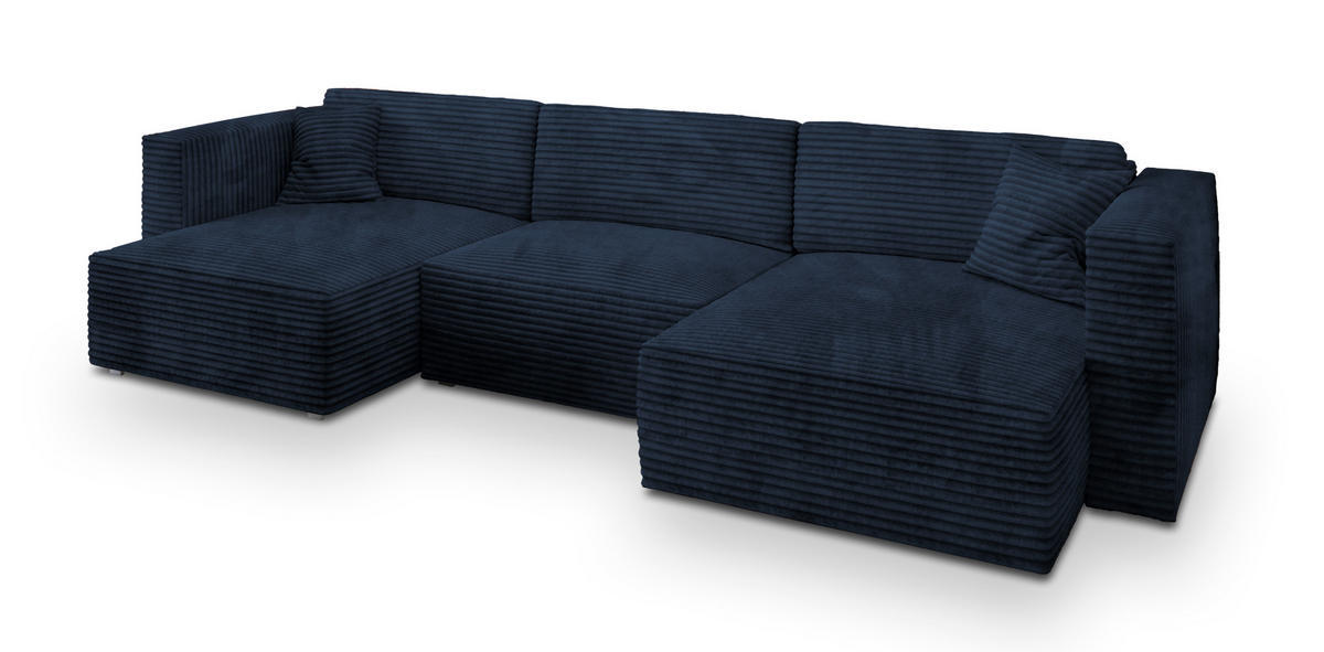 WOHNLANDSCHAFT SARMO Blau Kordstoff mit Schlaffunktion - Blau, Holz (347/90/148cm) - MASSENO