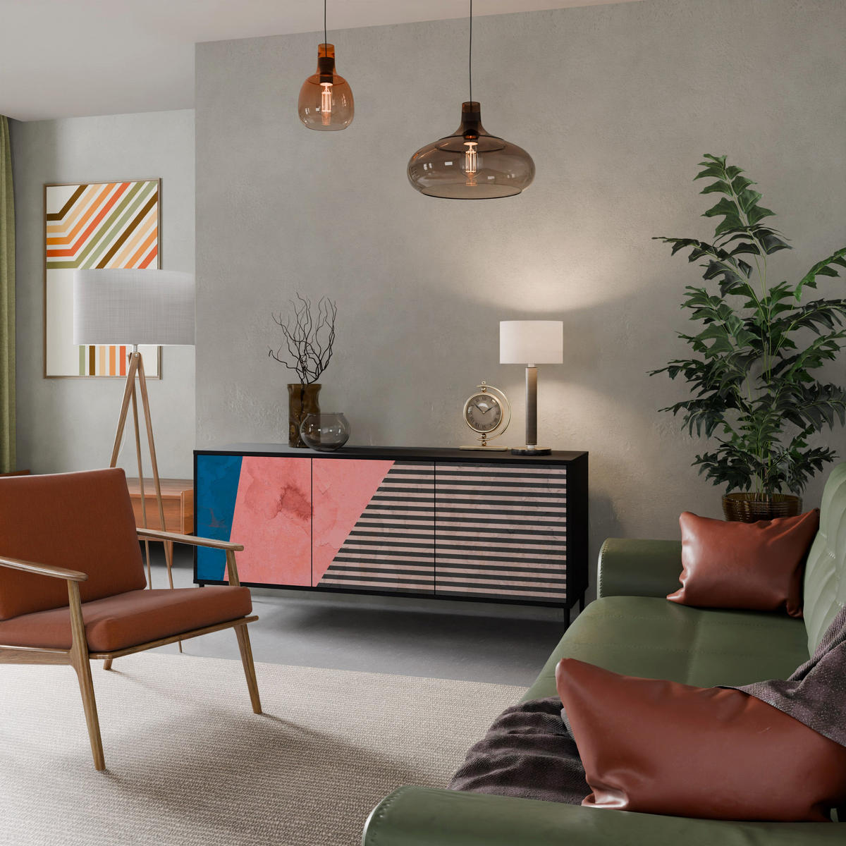 SIDEBOARD GLAMOROUS STRIPE, Eicheneffekt, 164,5x42x77,5 cm, 3 Türen - Eichefarben/Buchefarben, Holzwerkstoff/Buchenholz (164.5/77.5/42cm) - SpaceRebels