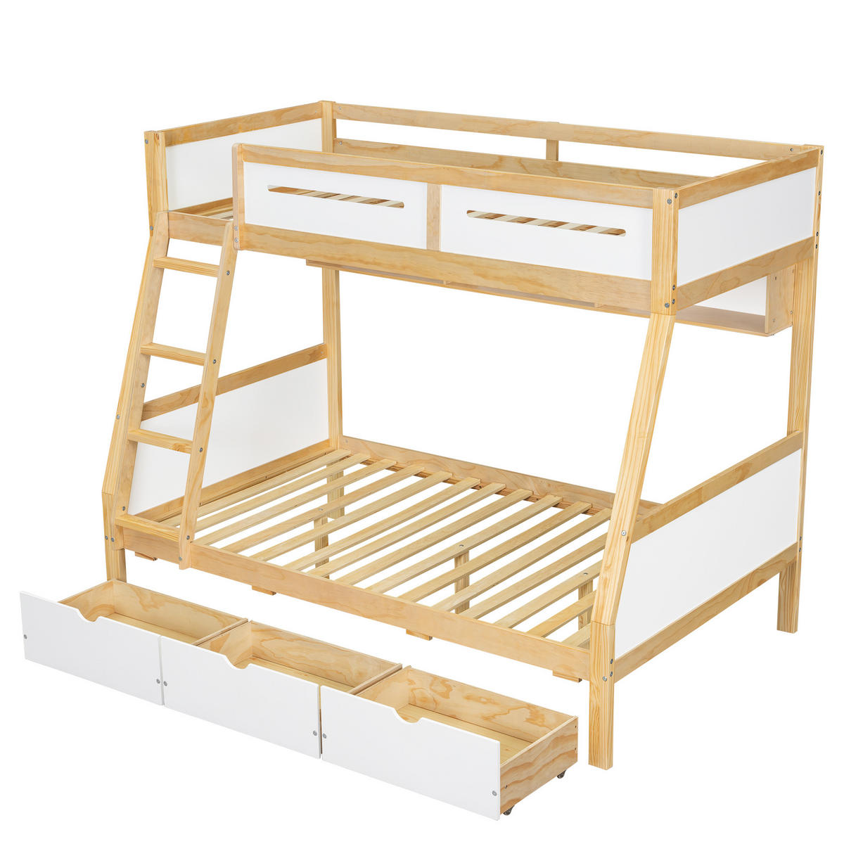 ETAGENBETT 90/200 cm & 120/200 cm in Weiß & Natur mit 3 Schubladen, Bücherregal und Trittleiter - Weiß/Naturfarben, Holz/Holzwerkstoff (90/200cm) - CHICFURN