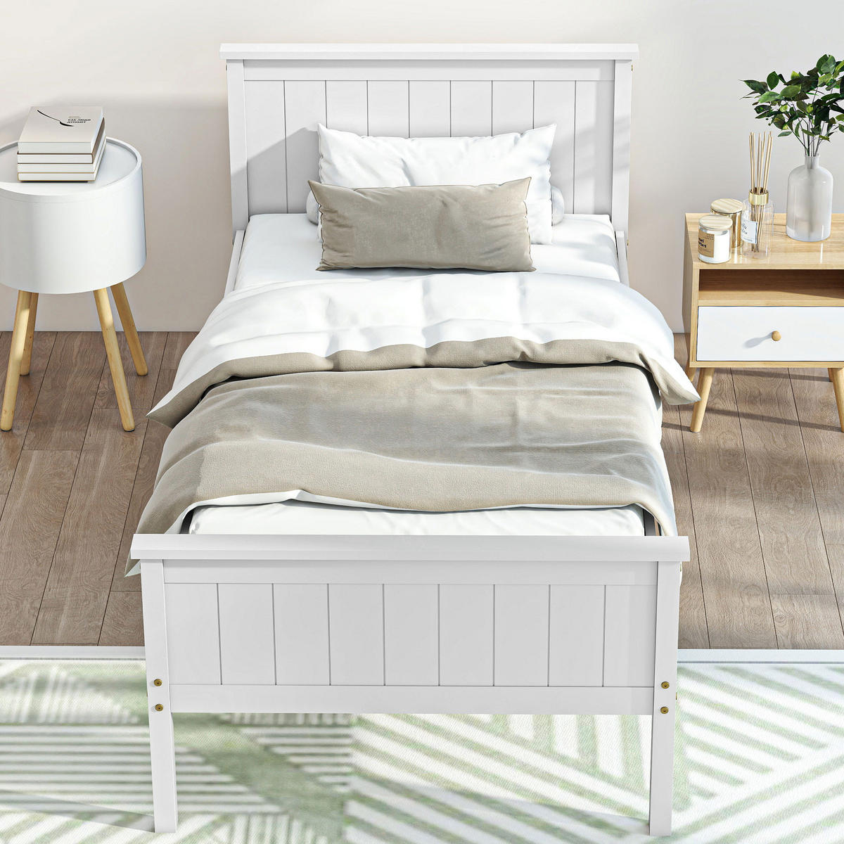 BETT 90x200 cm DE-14609 mit Lattenrost, Kopfteil und Fußteil Weiß - Weiß, Textil (90/200cm) - ComfortXL