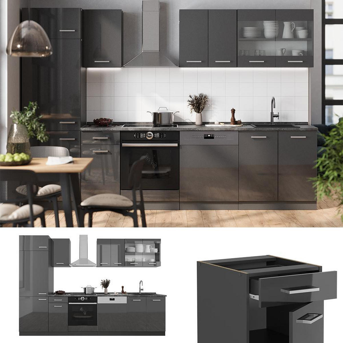 KÜCHENZEILE R-Line Anthrazit Hochglanz/Anthrazit 300 cm ohne Arbeitsplatte - Schwarz Hochglanz/Anthrazit, Holzwerkstoff (300/206.8/46cm) - Vicco