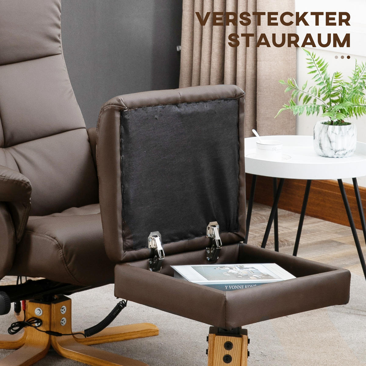 RELAXSESSELSET mit Hocker Braun 80/86/99 cm mit Massagefunktion und 145° Neigung - Braun, Leder (86/99/80cm) - Flora Grace