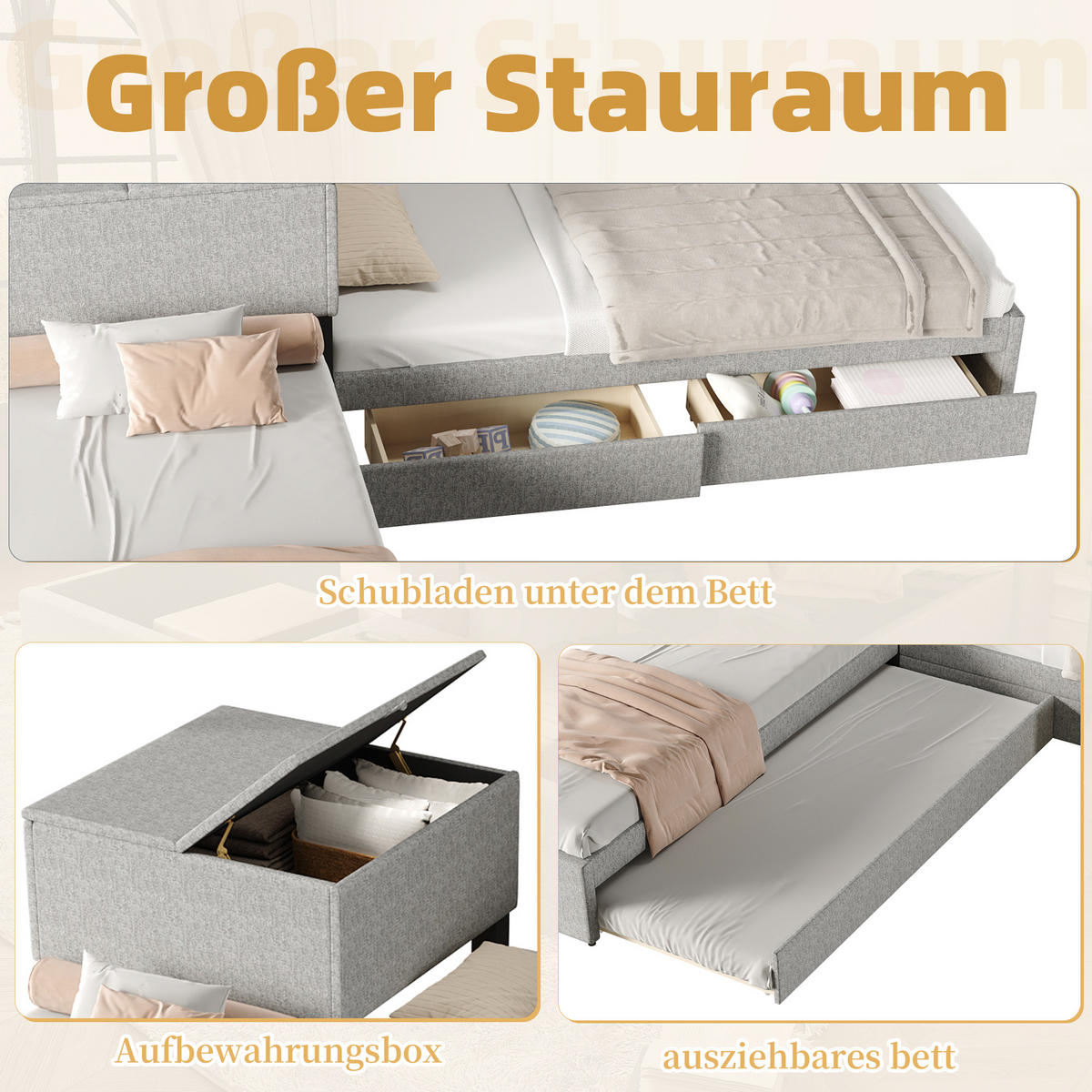 ECKEINZELBETT 90x200cm Grau Leinen Mit Stauraum & Ausziehbett - Grau, Naturmaterialien (90/200cm) - FLIEKS
