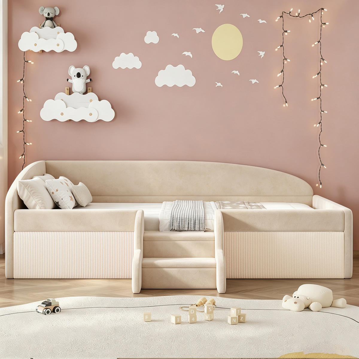 POLSTERBETT 90/190 cm in Beige mit Schutzbügel, Stufen und Lattenrost aus Samt - Beige, Holzwerkstoff/Textil (90/190cm) - STILVORA