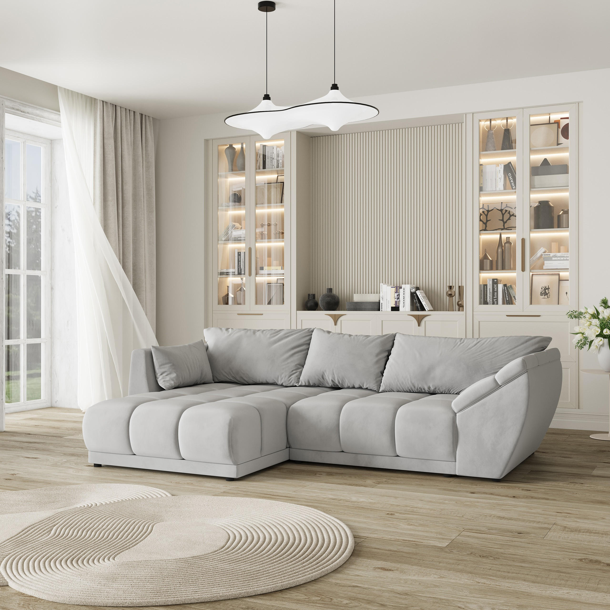 ECKSOFA ORENTI L-S Hellgrau Velours-Stoff mit Schlaffunktion - Hellgrau, Holz (287/182cm) - MASSENO
