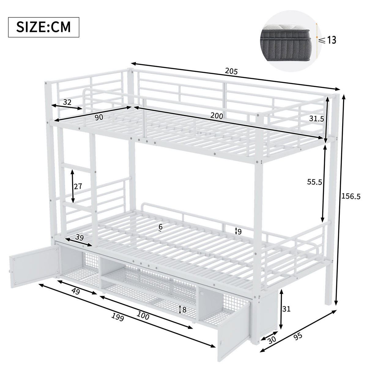 ETAGENBETT aus Metall 90x200 cm Weiß mit Schuhablage, Schränken und Leiter - Weiß, Metall (90/200cm) - IVMEU