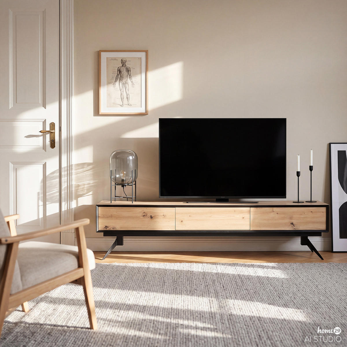 TV-LOWBOARD - Eiche Dekor / Schwarz - Eichefarben/Schwarz, Holzwerkstoff/Metall (200/46/40cm) - home24